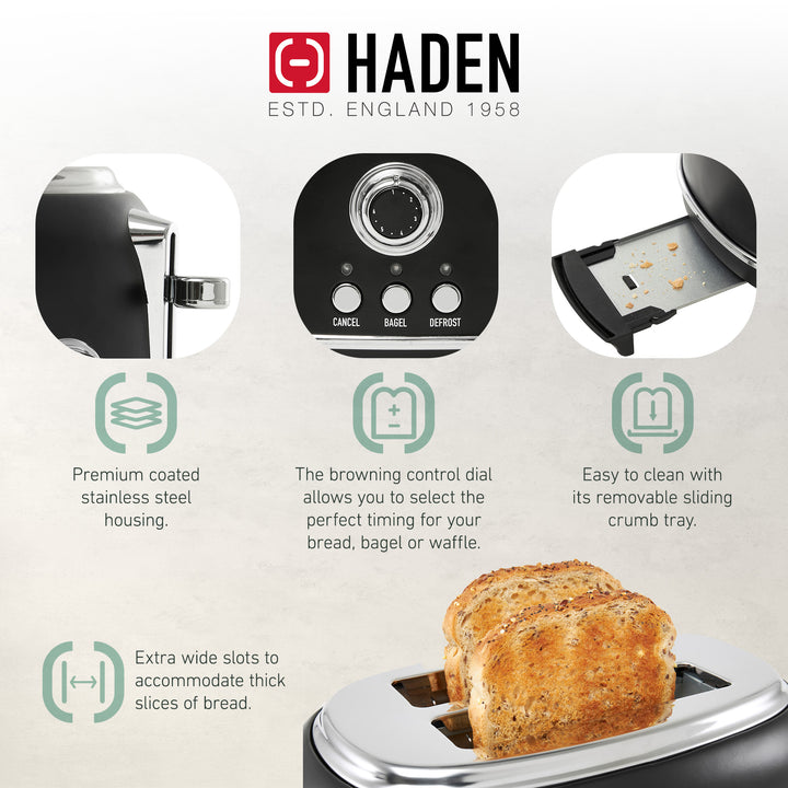 Haden Heritage 2 Slice Wide Slot Toaster & Electric Water Kettle, Black & Chrome - VMInnovations