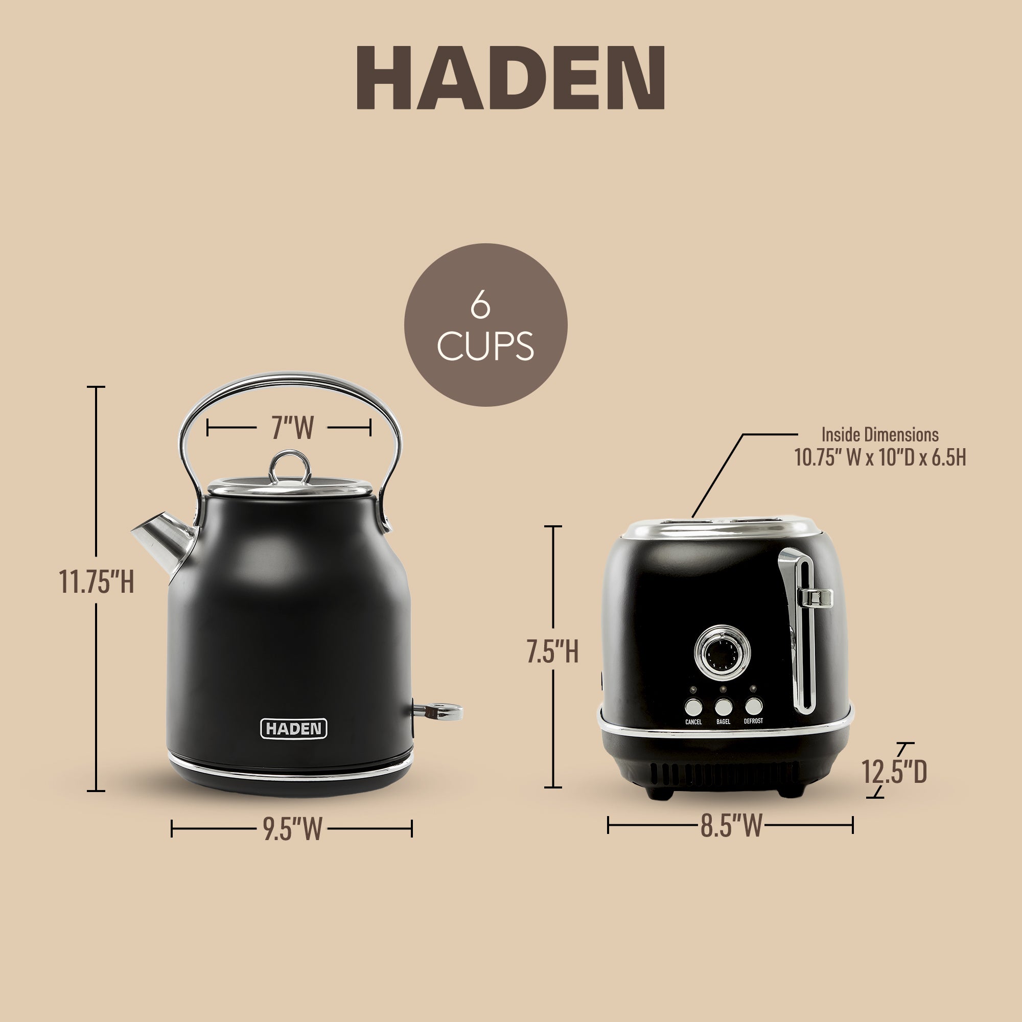 Haden Heritage 2 Slice Wide Slot Toaster & Electric Water Kettle, Black & Chrome