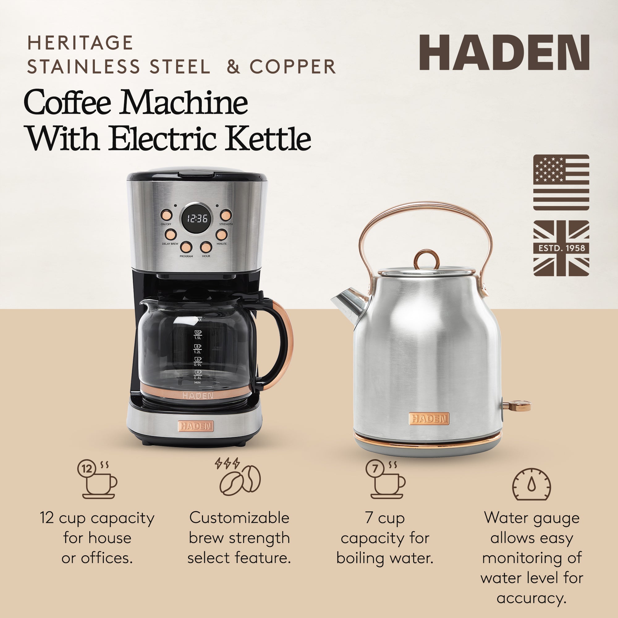 Haden Heritage 1.7 Liter Electric Kettle & 12 Cup Coffee Maker, Steel & Copper