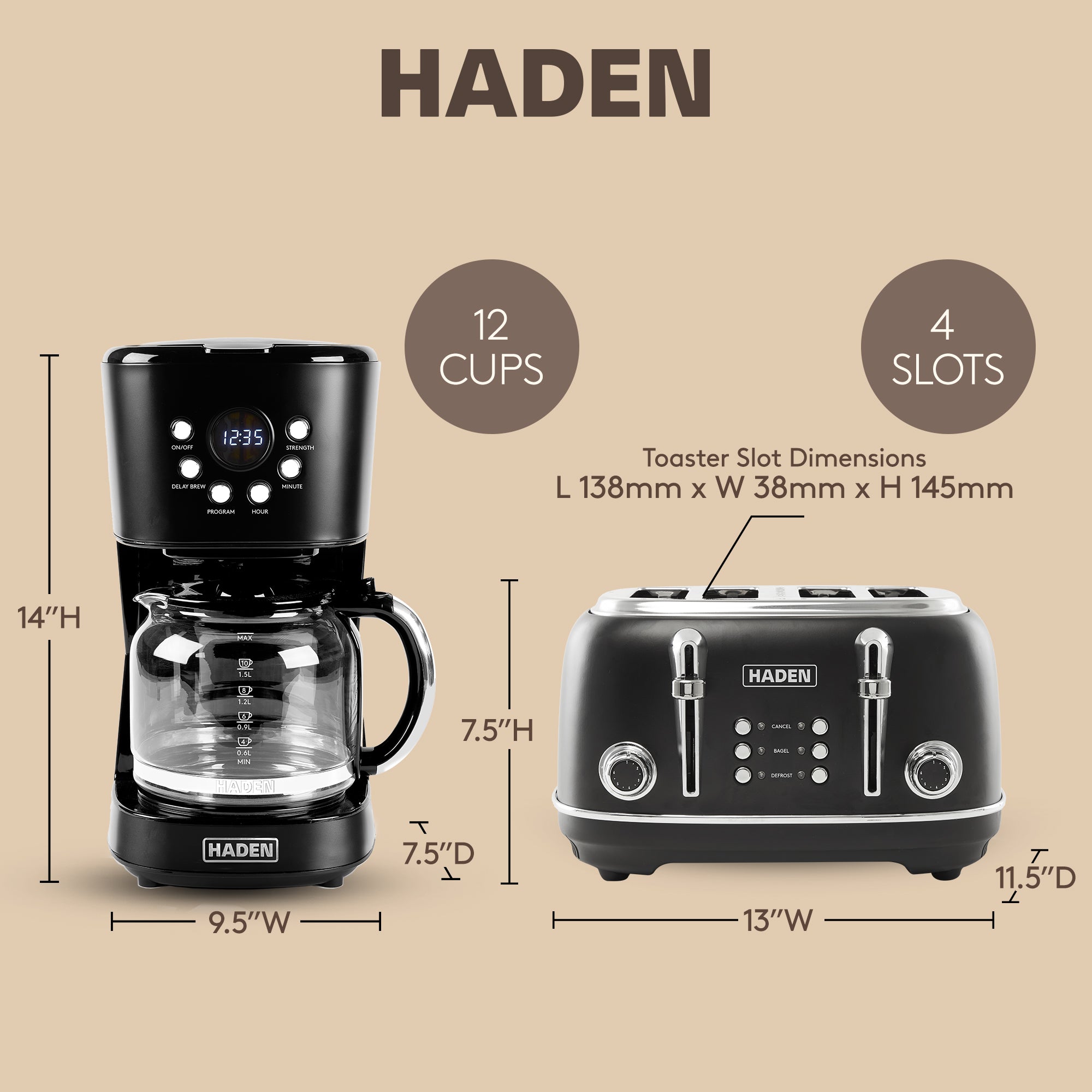 Haden Heritage 4 Slice Wide Slot Toaster & 12 Cup Coffee Maker, Black & Chrome - VMInnovations