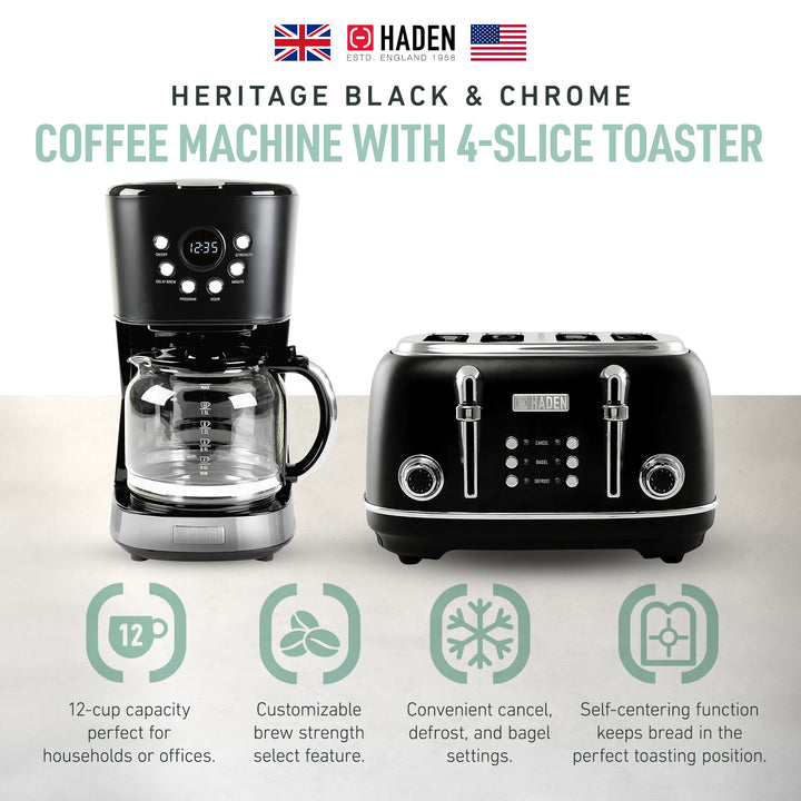 Haden Heritage 4 Slice Wide Slot Toaster & 12 Cup Coffee Maker, Black & Chrome - VMInnovations