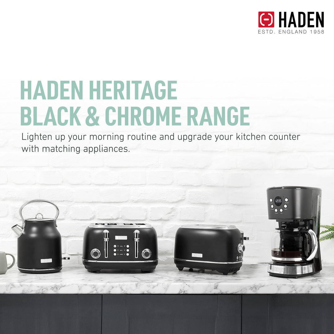 Haden Heritage 4 Slice Wide Slot Toaster & 12 Cup Coffee Maker, Black & Chrome - VMInnovations
