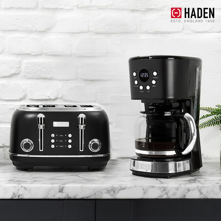 Haden Heritage 4 Slice Wide Slot Toaster & 12 Cup Coffee Maker, Black & Chrome - VMInnovations