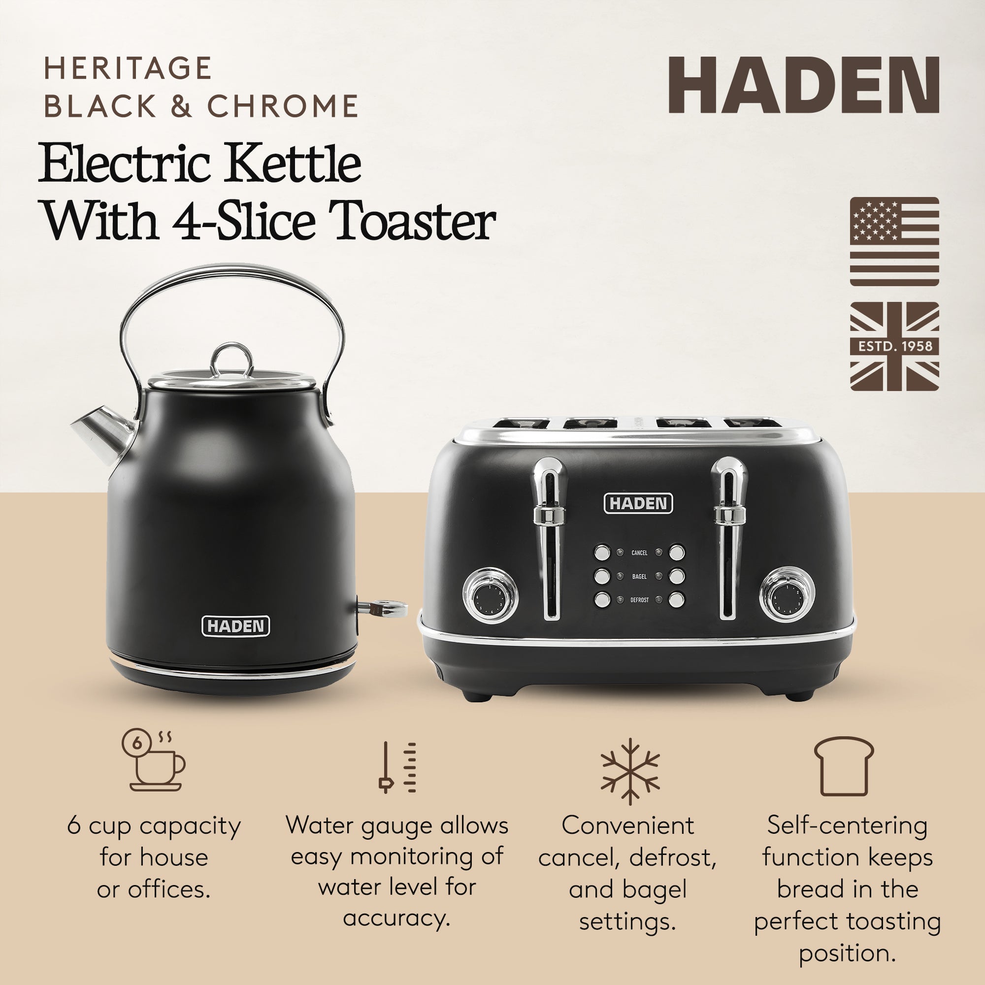 Haden Heritage 4 Slice Wide Slot Toaster & Electric Water Kettle, Black & Chrome