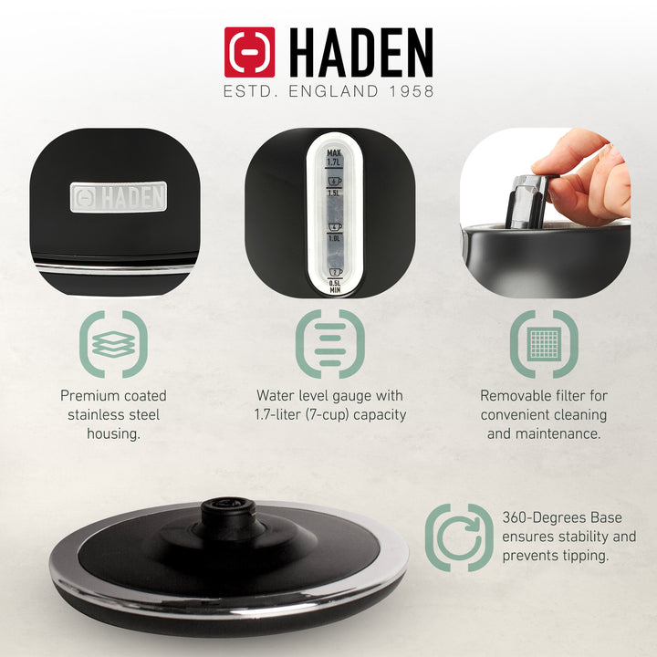 Haden Heritage 4 Slice Wide Slot Toaster & Electric Water Kettle, Black & Chrome - VMInnovations