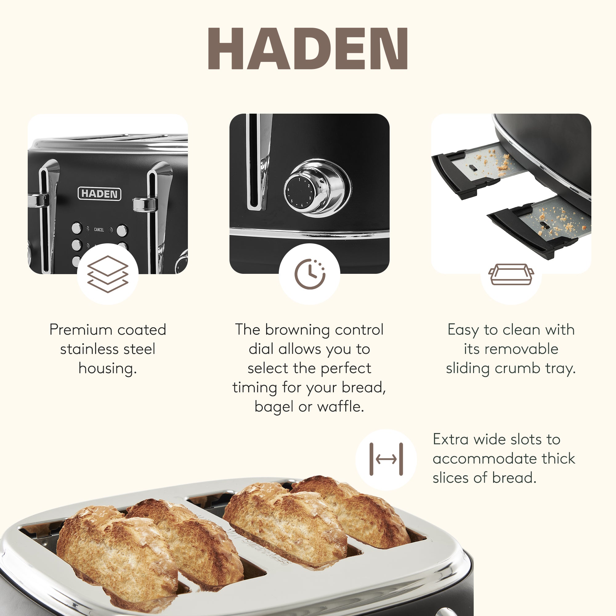 Haden Heritage 4 Slice Wide Slot Toaster & Electric Water Kettle, Black & Chrome