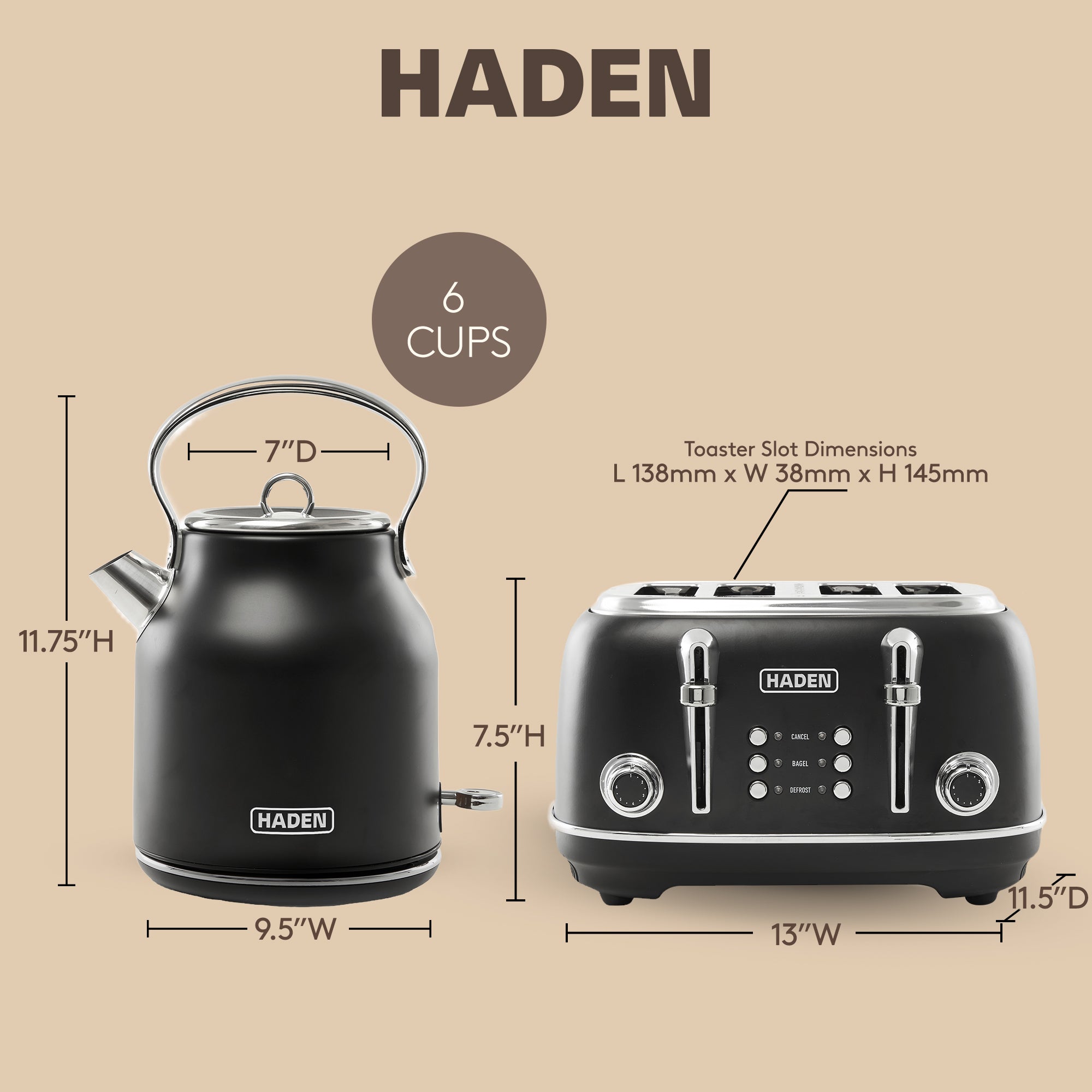 Haden Heritage 4 Slice Wide Slot Toaster & Electric Water Kettle, Black & Chrome