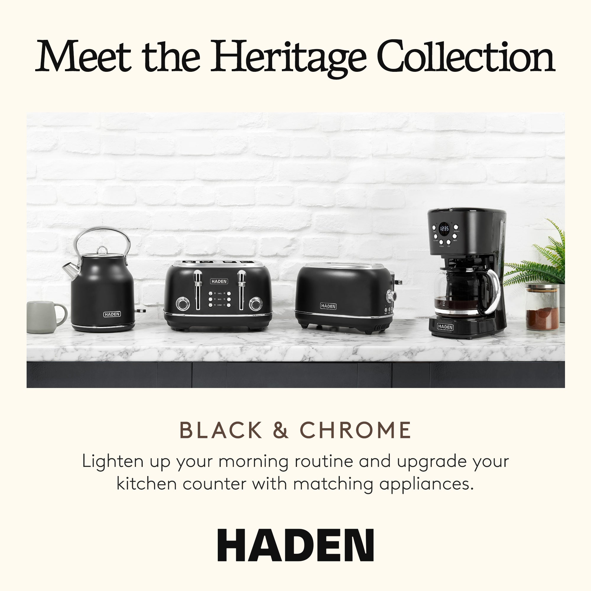 Haden Heritage 4 Slice Wide Slot Toaster & Electric Water Kettle, Black & Chrome