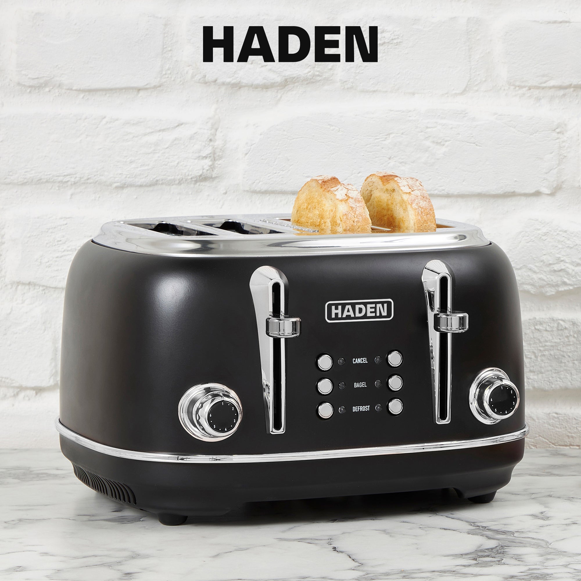 Haden Heritage 4 Slice Wide Slot Toaster & Electric Water Kettle, Black & Chrome