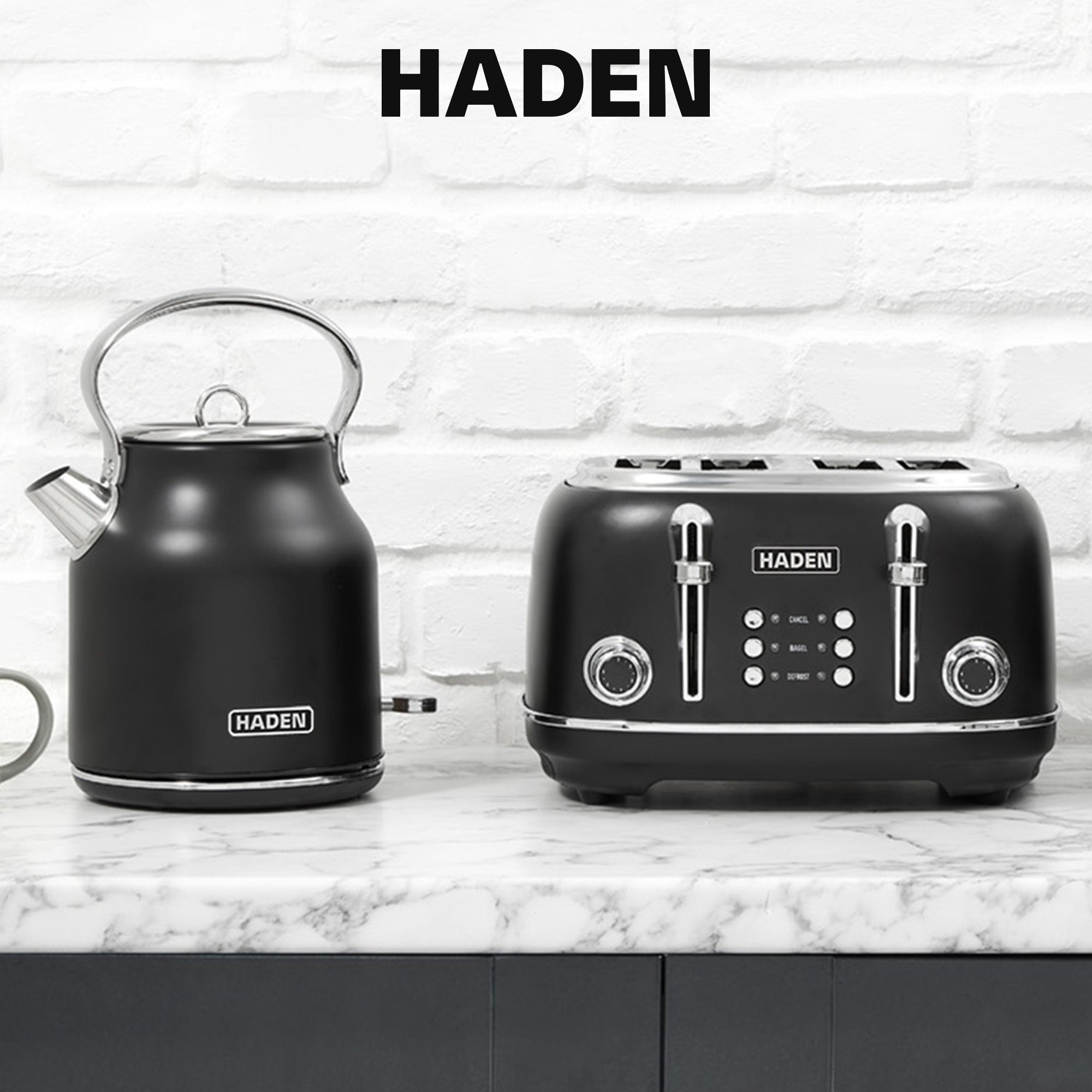 Haden Heritage 4 Slice Wide Slot Toaster & Electric Water Kettle, Black & Chrome