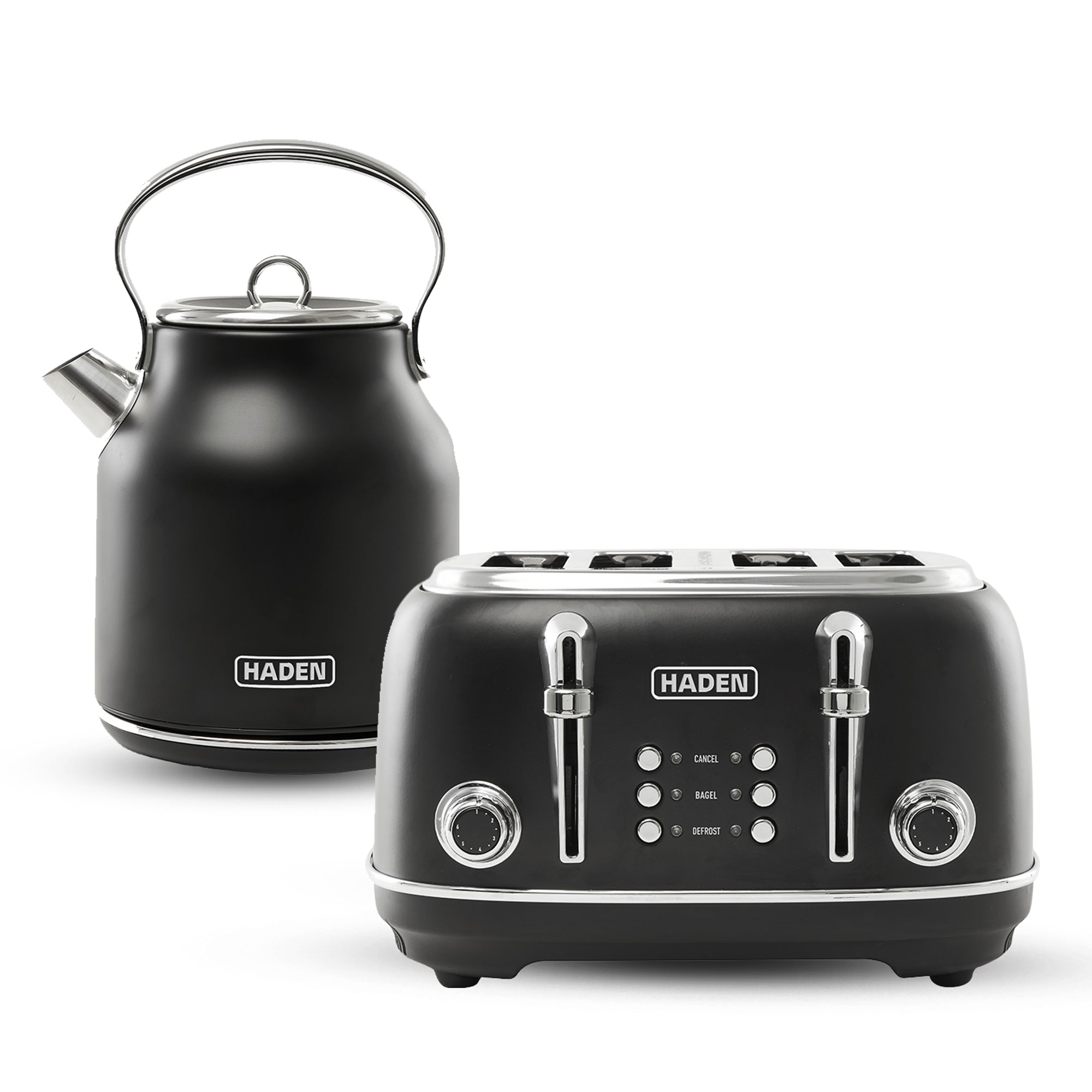 Haden Heritage 4 Slice Wide Slot Toaster & Electric Water Kettle, Black & Chrome