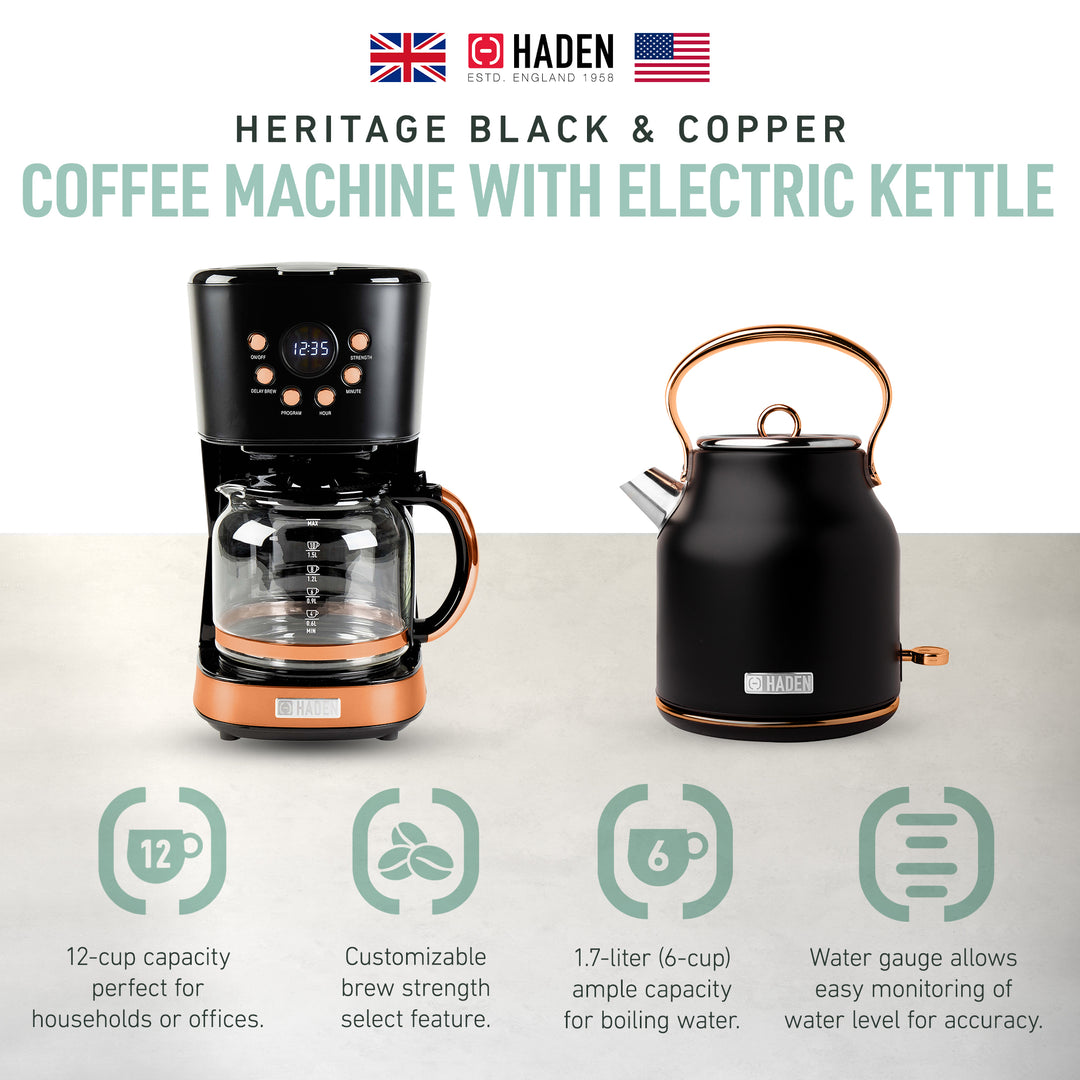 Haden Heritage 1.7 Liter Electric Kettle & 12 Cup Coffee Maker, Black & Copper - VMInnovations