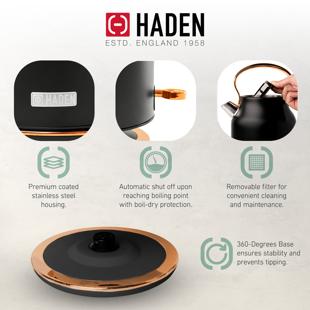 Haden Heritage 1.7 Liter Electric Kettle & 12 Cup Coffee Maker, Black & Copper - VMInnovations