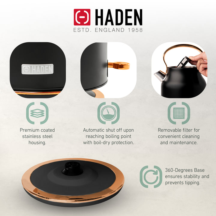 Haden Heritage 1.7 Liter Electric Kettle & 12 Cup Coffee Maker, Black & Copper - VMInnovations