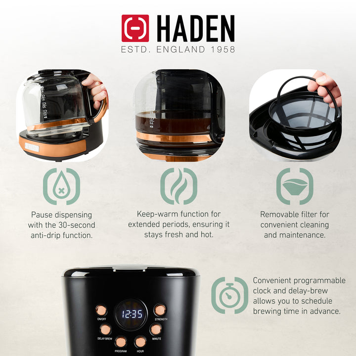 Haden Heritage 1.7 Liter Electric Kettle & 12 Cup Coffee Maker, Black & Copper - VMInnovations