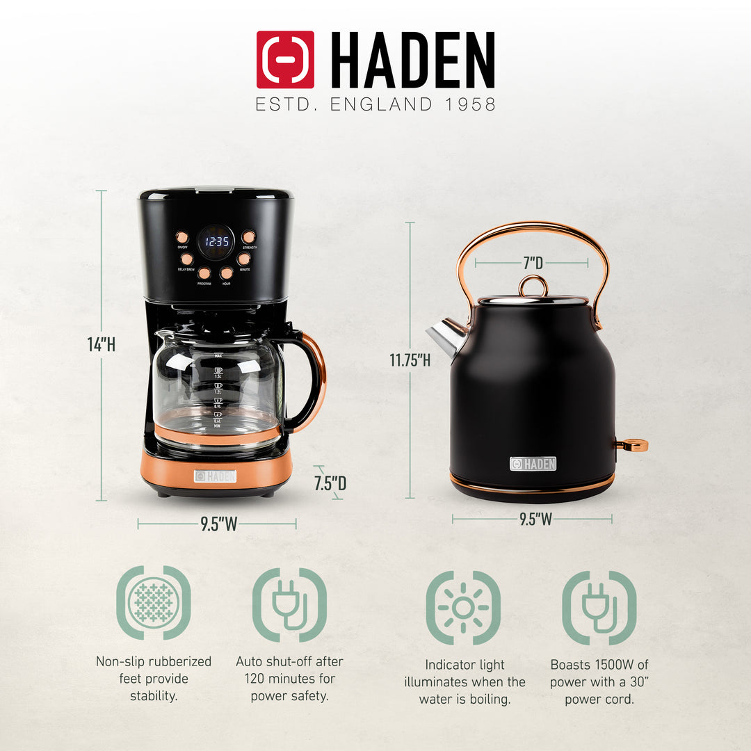 Haden Heritage 1.7 Liter Electric Kettle & 12 Cup Coffee Maker, Black & Copper - VMInnovations