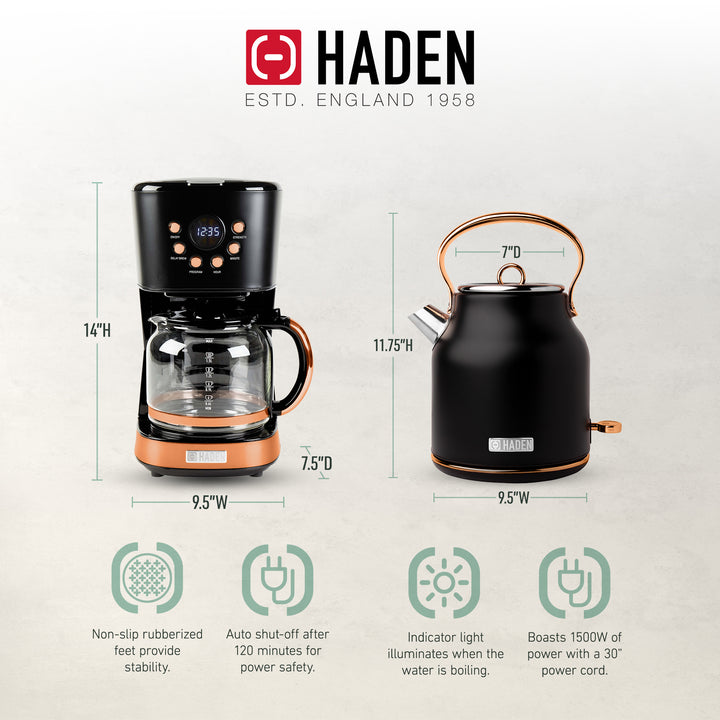 Haden Heritage 1.7 Liter Electric Kettle & 12 Cup Coffee Maker, Black & Copper - VMInnovations