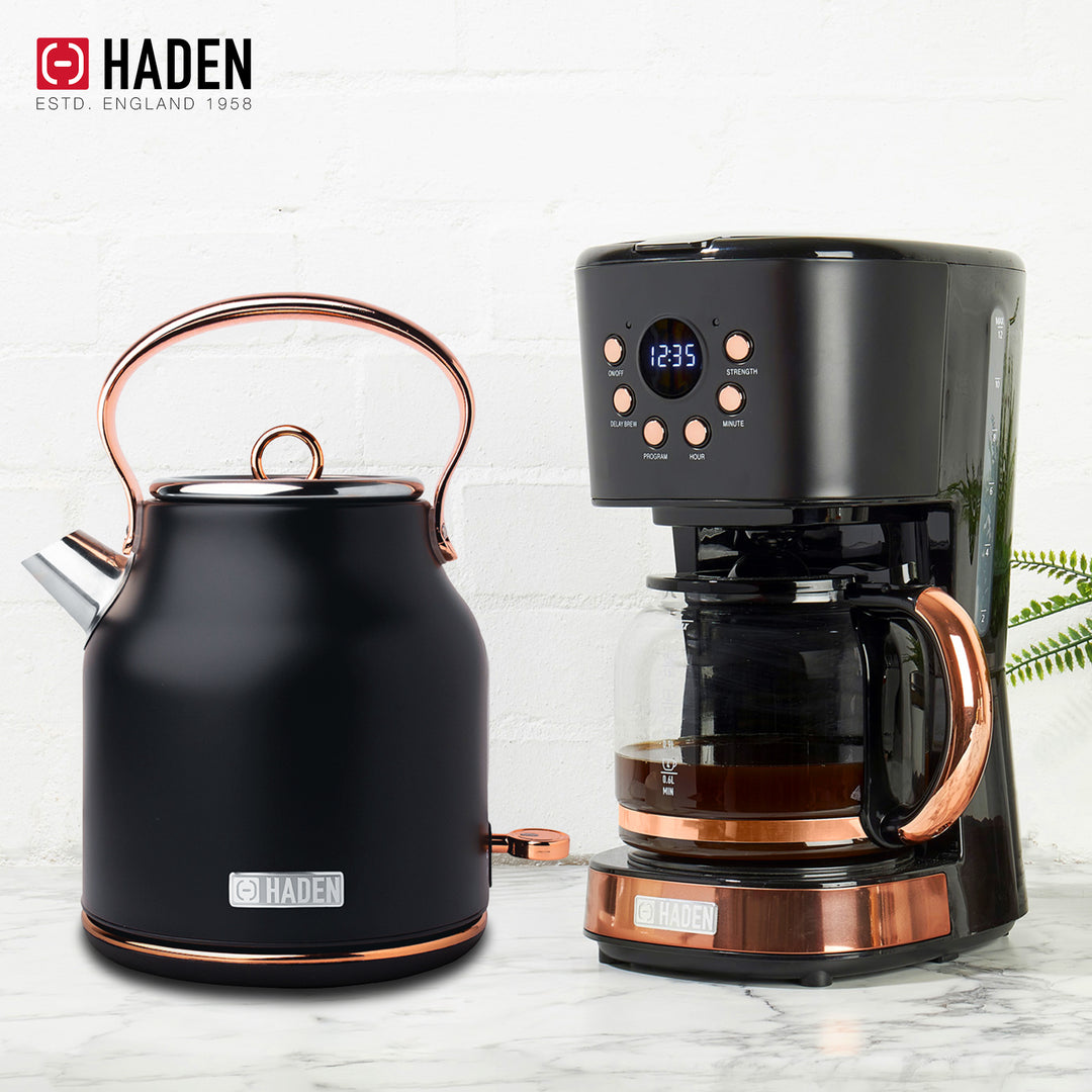 Haden Heritage 1.7 Liter Electric Kettle & 12 Cup Coffee Maker, Black & Copper - VMInnovations
