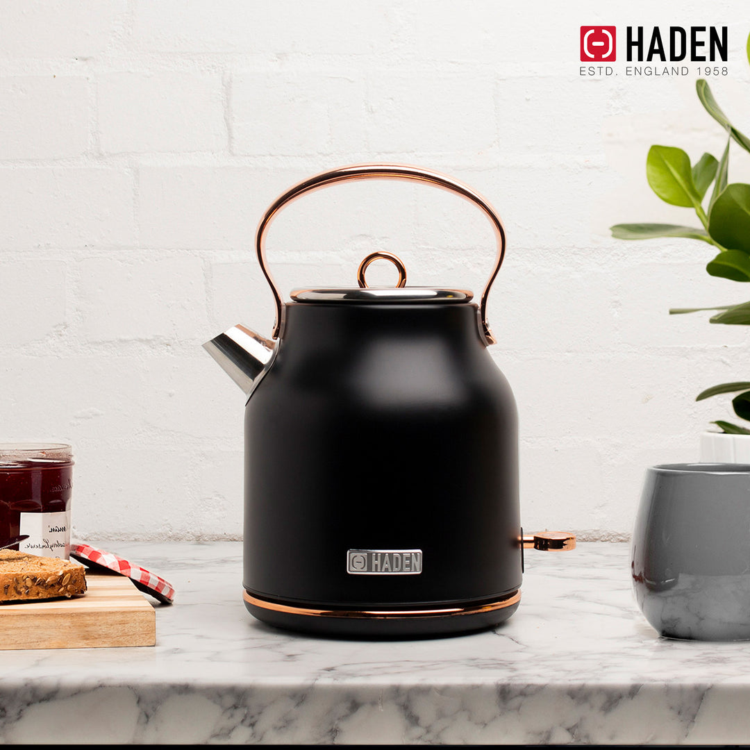 Haden Heritage 1.7 Liter Electric Kettle & 12 Cup Coffee Maker, Black & Copper - VMInnovations