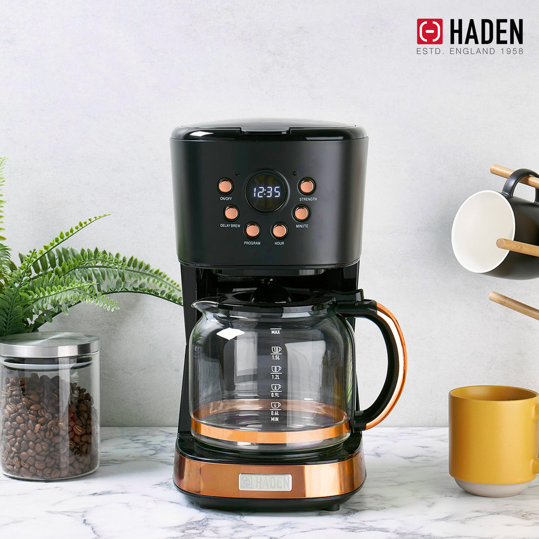 Haden Heritage 1.7 Liter Electric Kettle & 12 Cup Coffee Maker, Black & Copper - VMInnovations
