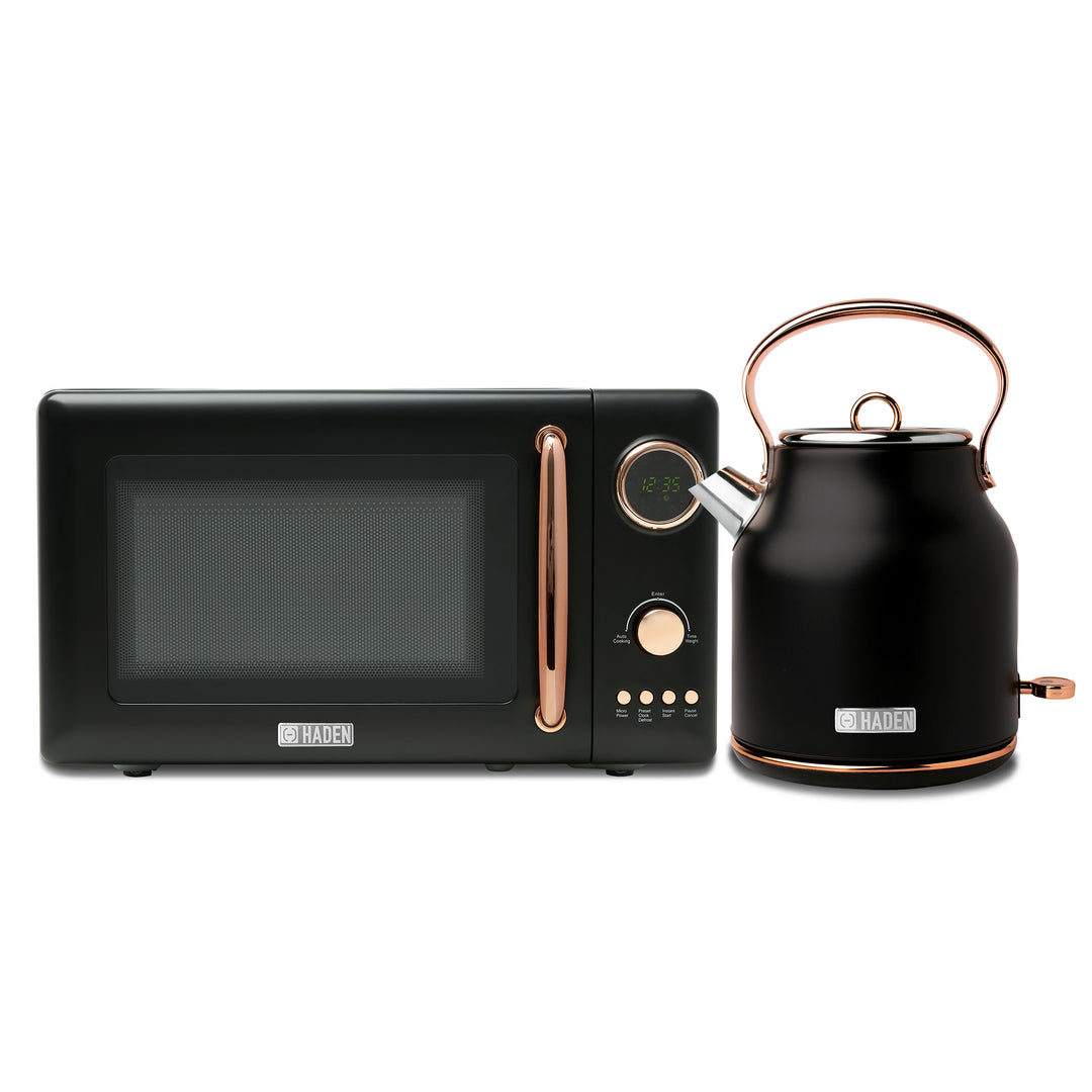 Haden Heritage 1.7L Electric Water Kettle & Compact Microwave, Black & Copper - VMInnovations