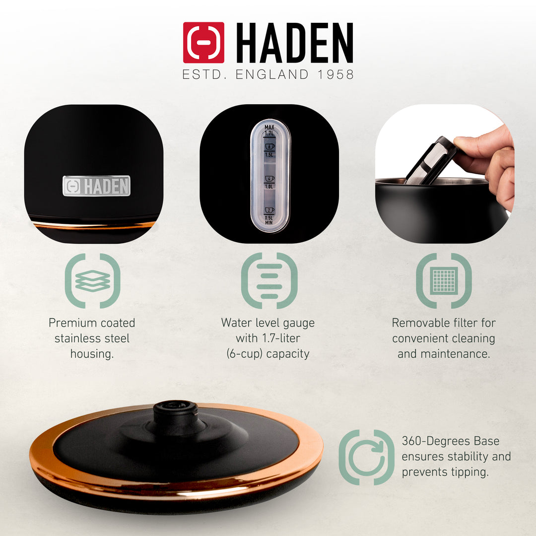 Haden Heritage 1.7L Electric Water Kettle & Compact Microwave, Black & Copper - VMInnovations