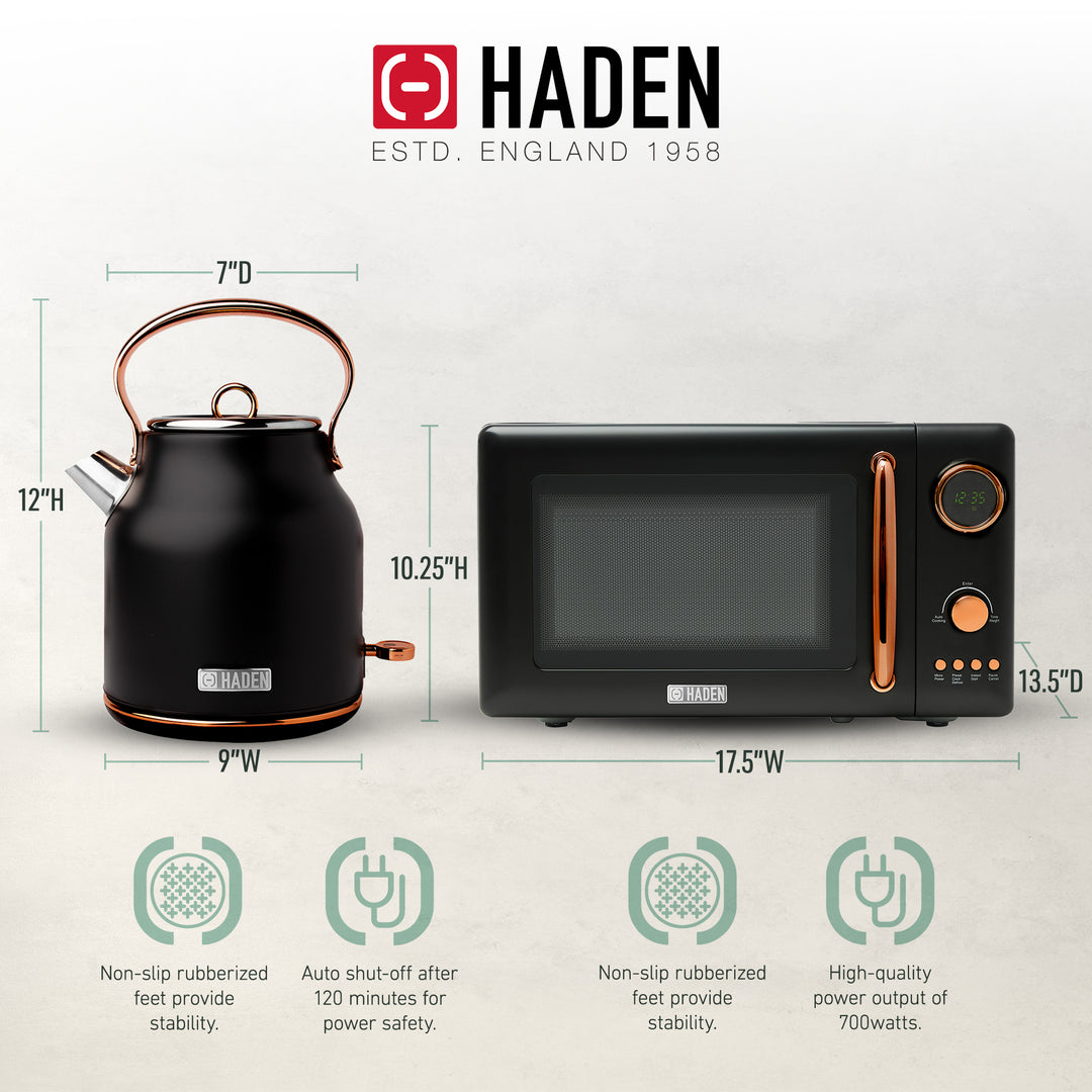 Haden Heritage 1.7L Electric Water Kettle & Compact Microwave, Black & Copper - VMInnovations