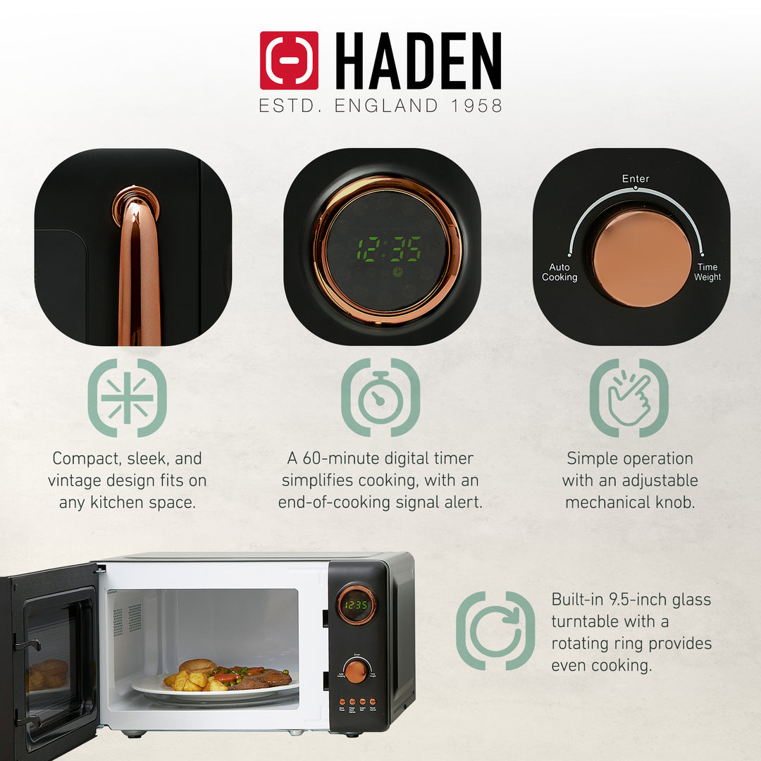 Haden Heritage 1.7L Electric Water Kettle & Compact Microwave, Black & Copper - VMInnovations