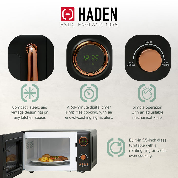 Haden Heritage 1.7L Electric Water Kettle & Compact Microwave, Black & Copper - VMInnovations