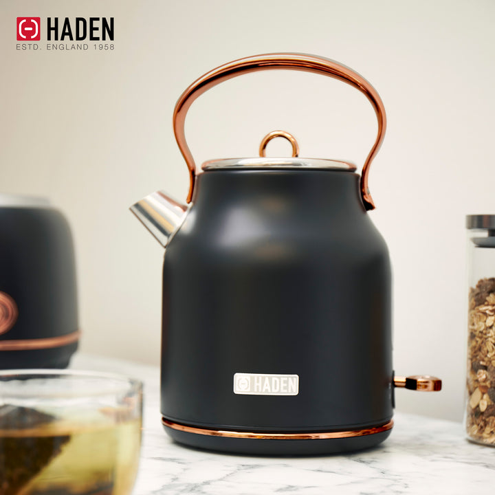 Haden Heritage 1.7L Electric Water Kettle & Compact Microwave, Black & Copper - VMInnovations