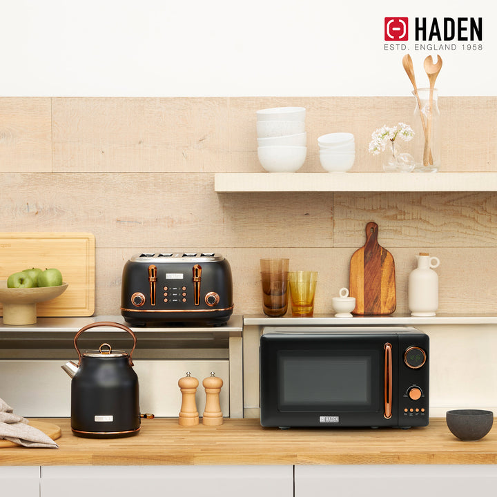Haden Heritage 1.7L Electric Water Kettle & Compact Microwave, Black & Copper - VMInnovations