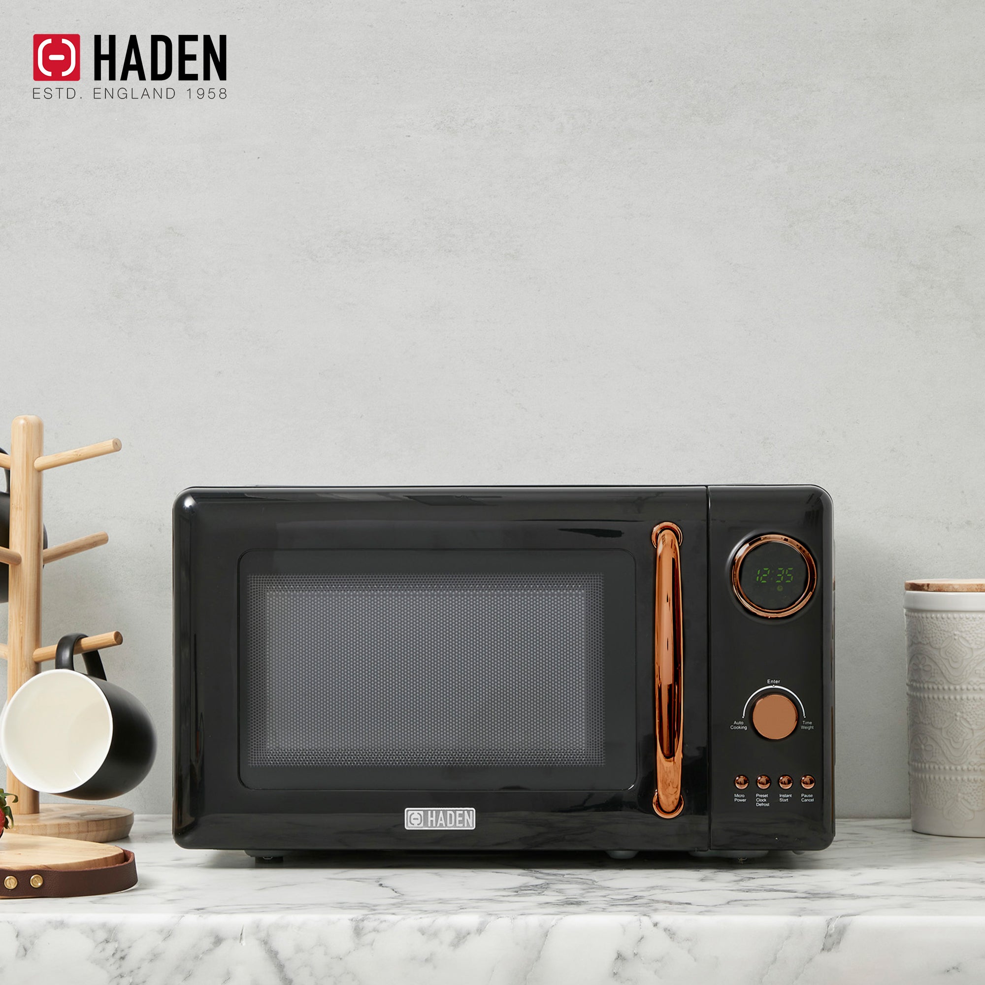 Haden Heritage 1.7L Electric Water Kettle & Compact Microwave, Black & Copper - VMInnovations