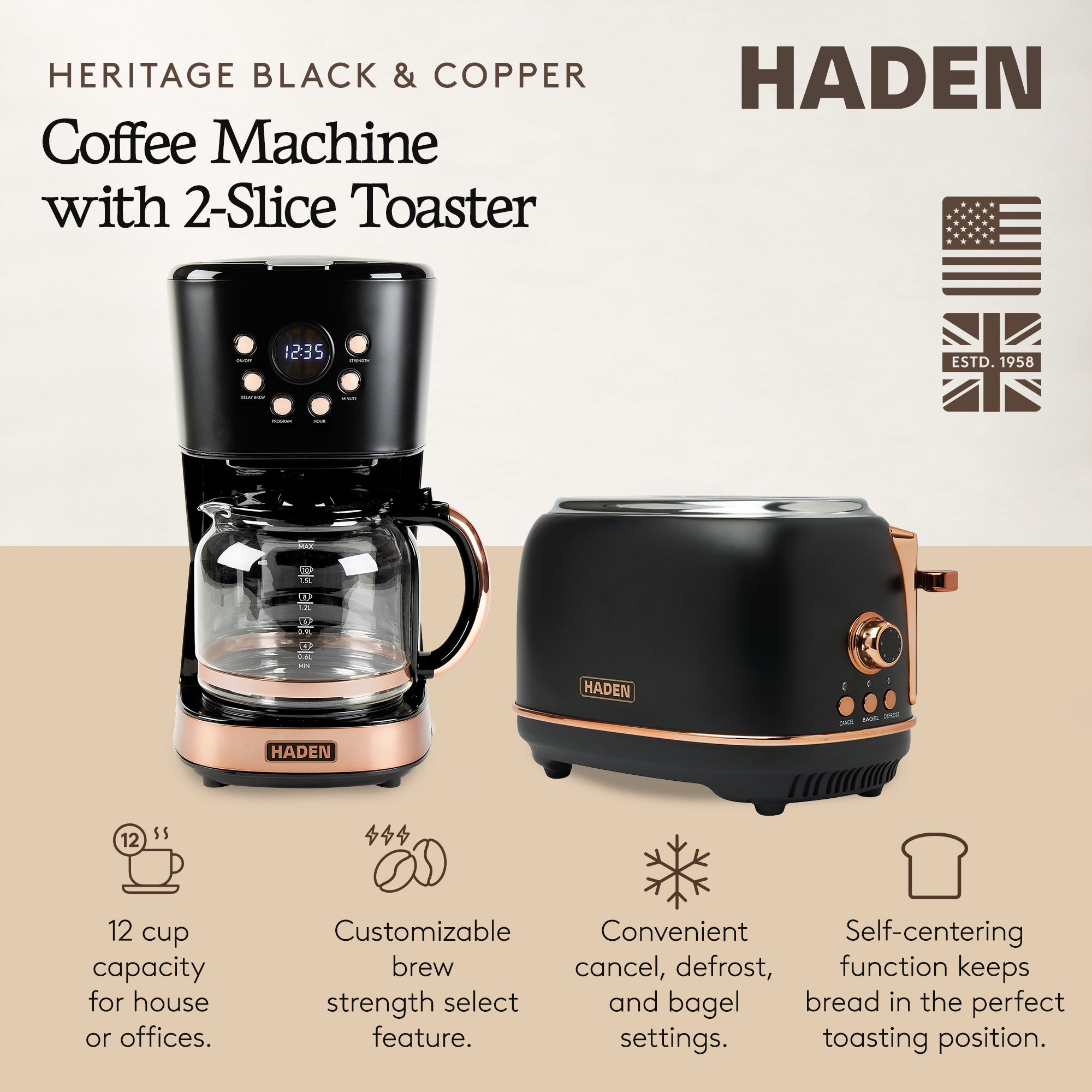 Haden Heritage 2 Slice Wide Slot Toaster & 12 Cup Coffee Maker, Black & Copper