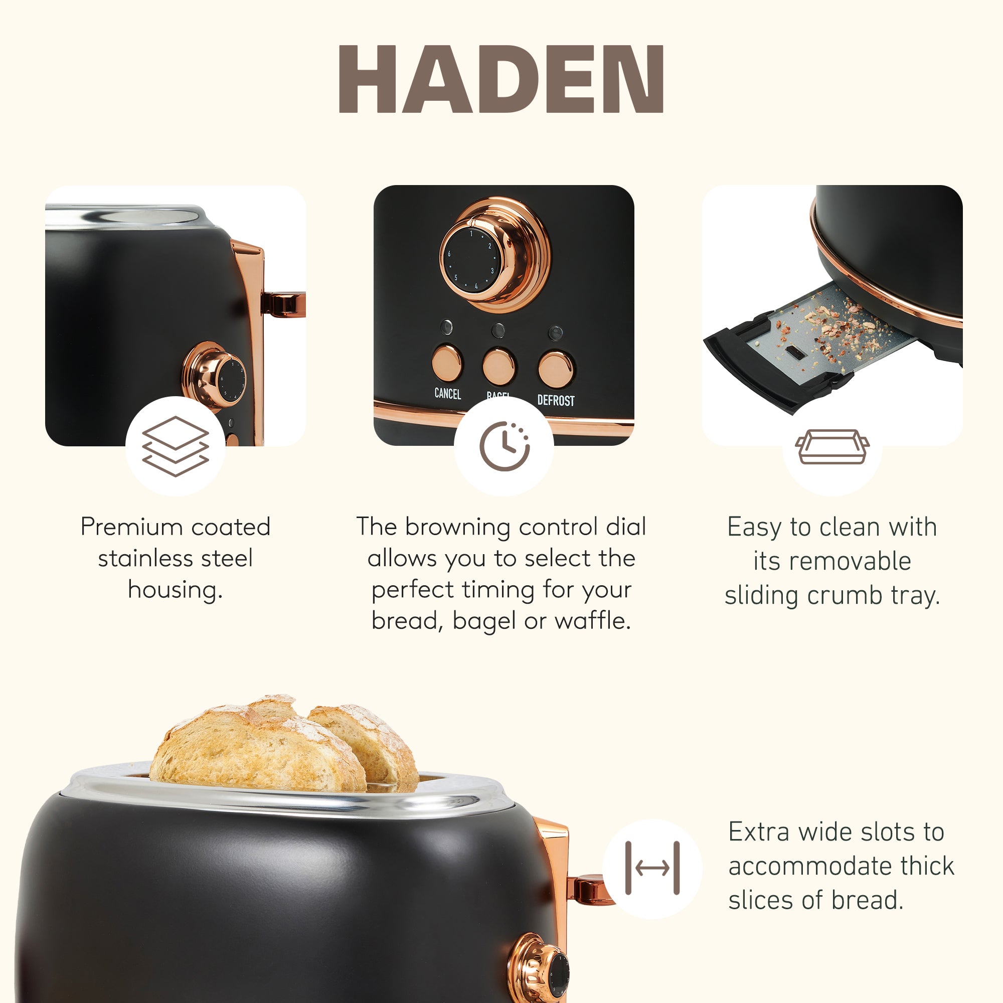 Haden Heritage 2 Slice Wide Slot Toaster & 12 Cup Coffee Maker, Black & Copper