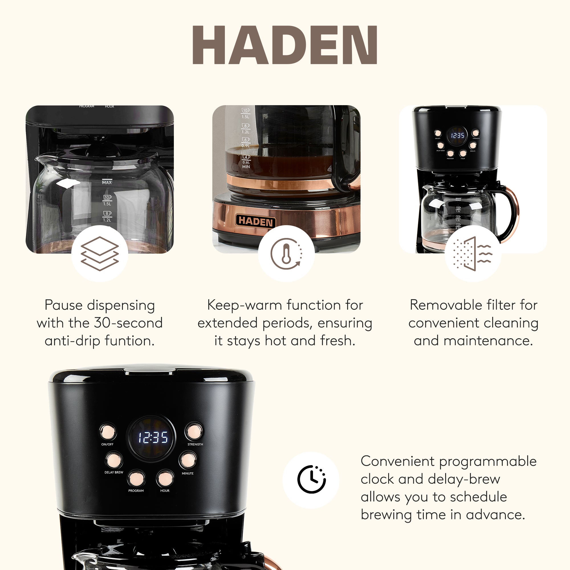 Haden Heritage 2 Slice Wide Slot Toaster & 12 Cup Coffee Maker, Black & Copper