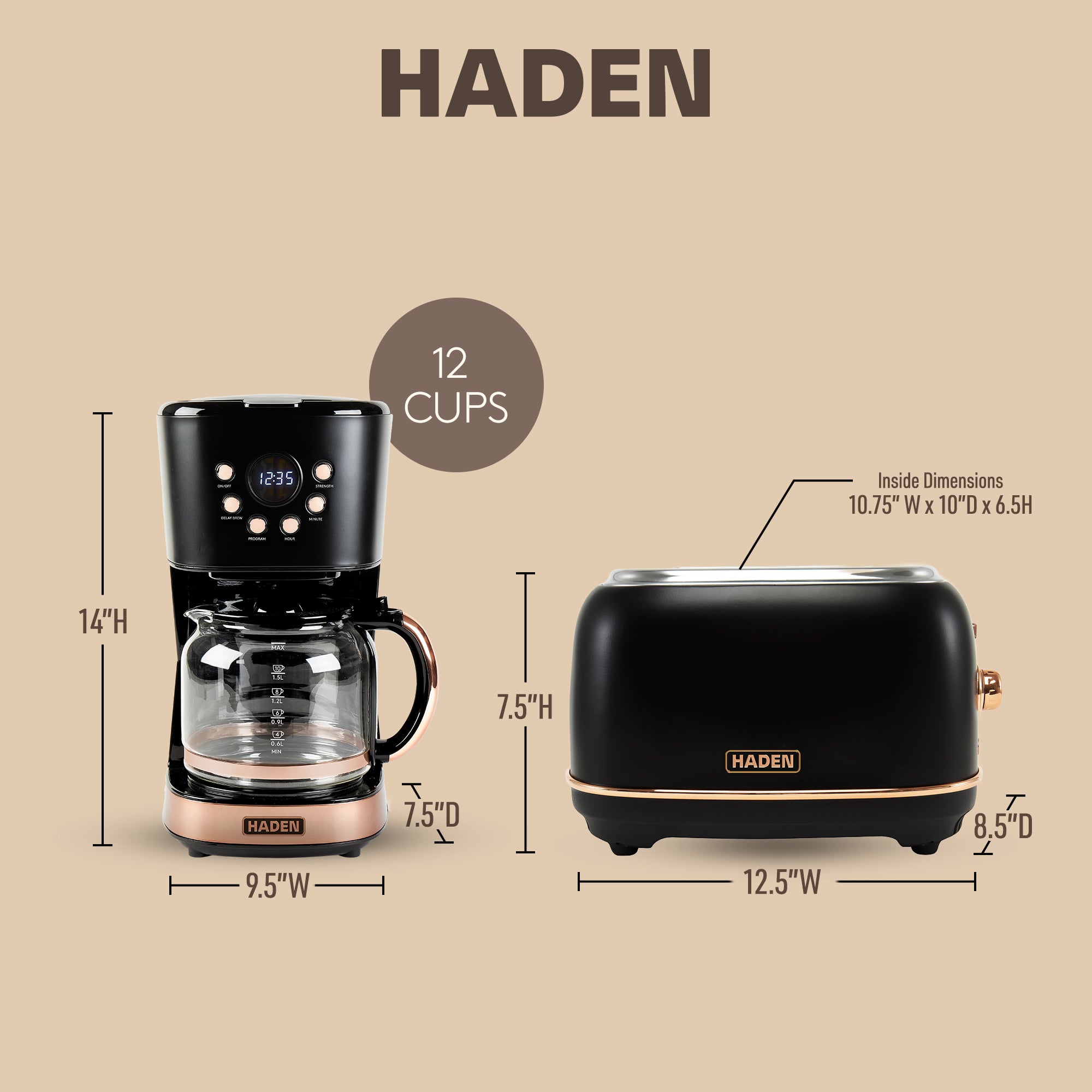 Haden Heritage 2 Slice Wide Slot Toaster & 12 Cup Coffee Maker, Black & Copper