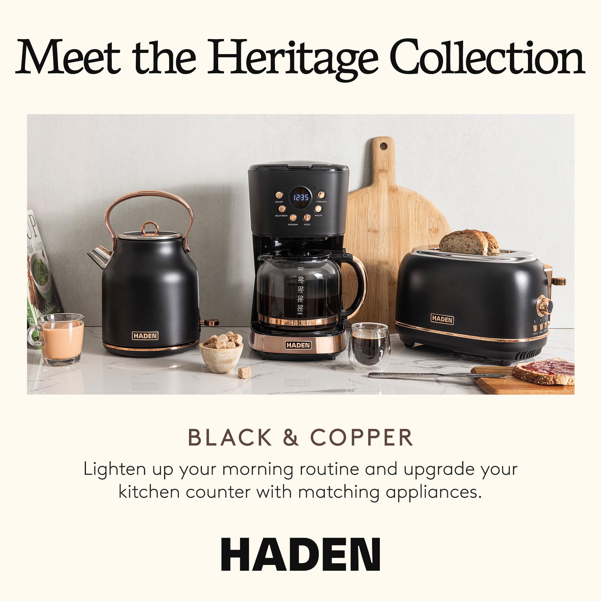 Haden Heritage 2 Slice Wide Slot Toaster & 12 Cup Coffee Maker, Black & Copper