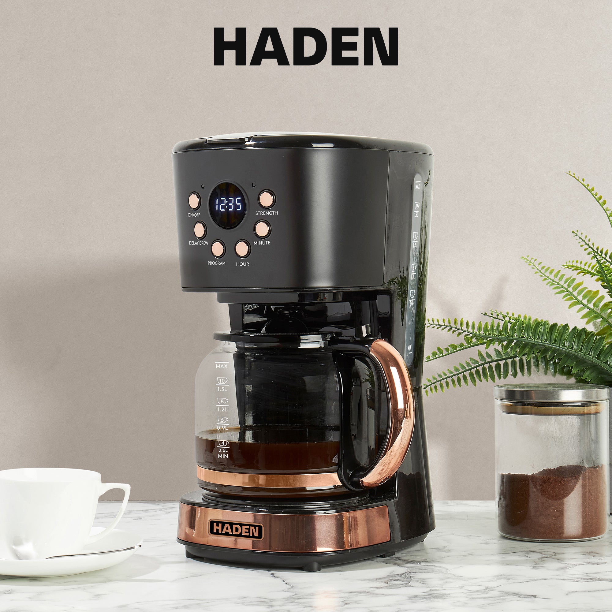 Haden Heritage 2 Slice Wide Slot Toaster & 12 Cup Coffee Maker, Black & Copper