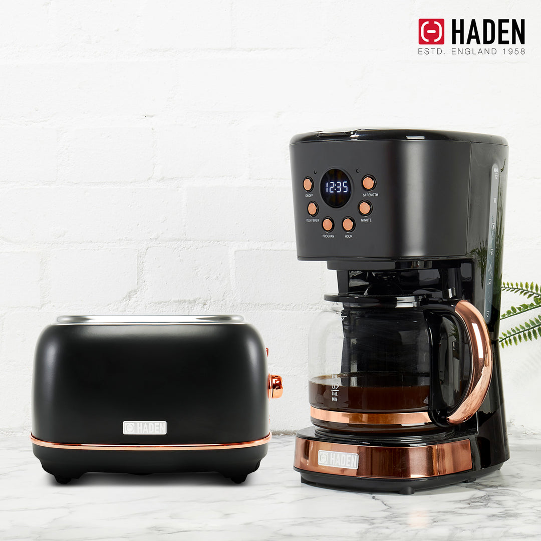 Haden Heritage 2 Slice Wide Slot Toaster & 12 Cup Coffee Maker, Black & Copper - VMInnovations
