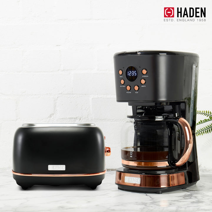 Haden Heritage 2 Slice Wide Slot Toaster & 12 Cup Coffee Maker, Black & Copper - VMInnovations