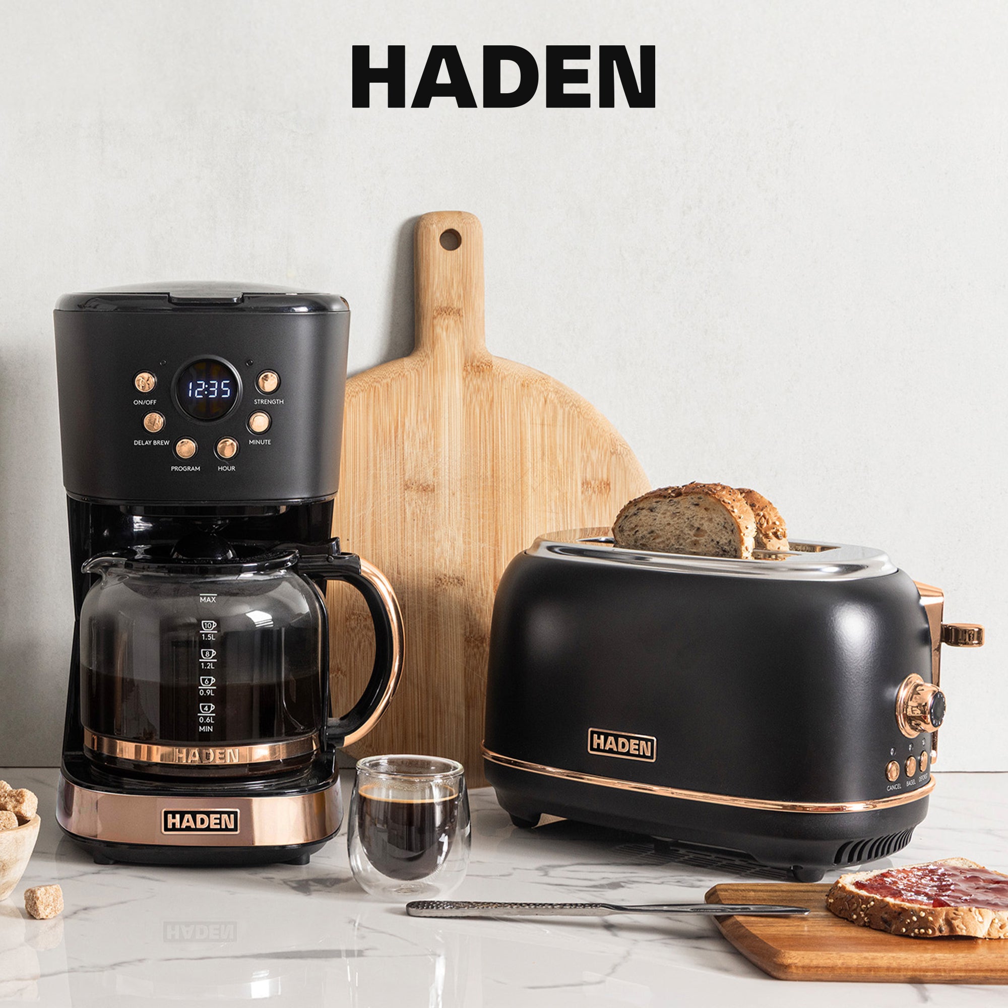 Haden Heritage 2 Slice Wide Slot Toaster & 12 Cup Coffee Maker, Black & Copper