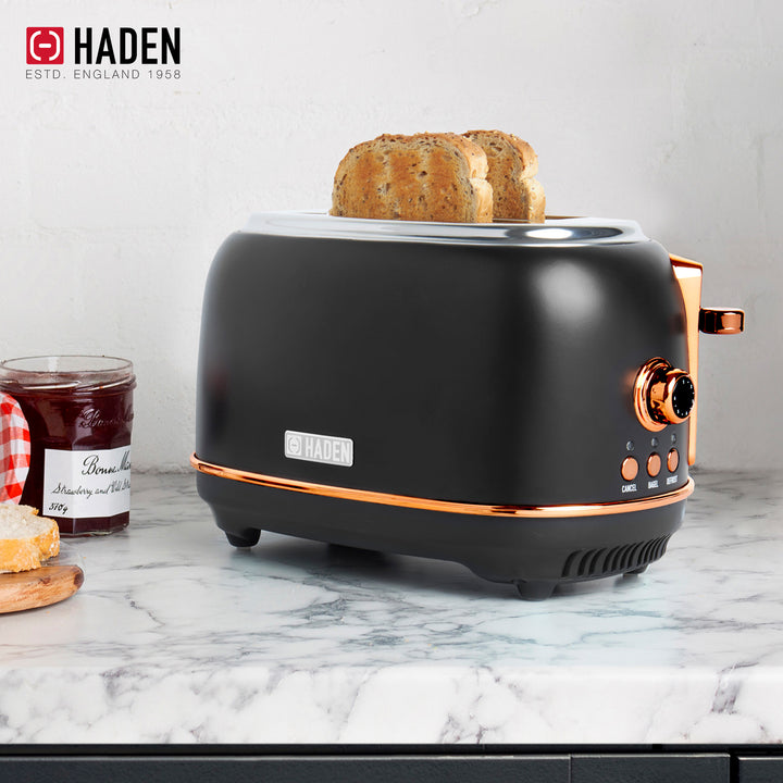 Haden Heritage 2 Slice Wide Slot Toaster & 12 Cup Coffee Maker, Black & Copper - VMInnovations