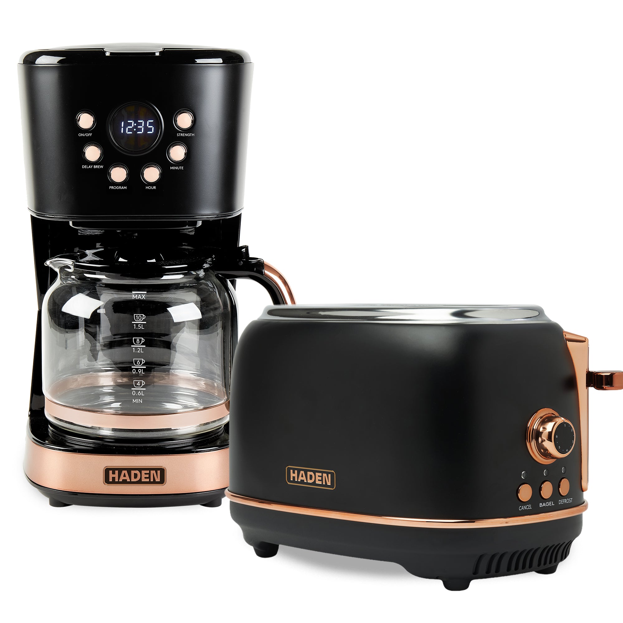 Haden Heritage 2 Slice Wide Slot Toaster & 12 Cup Coffee Maker, Black & Copper