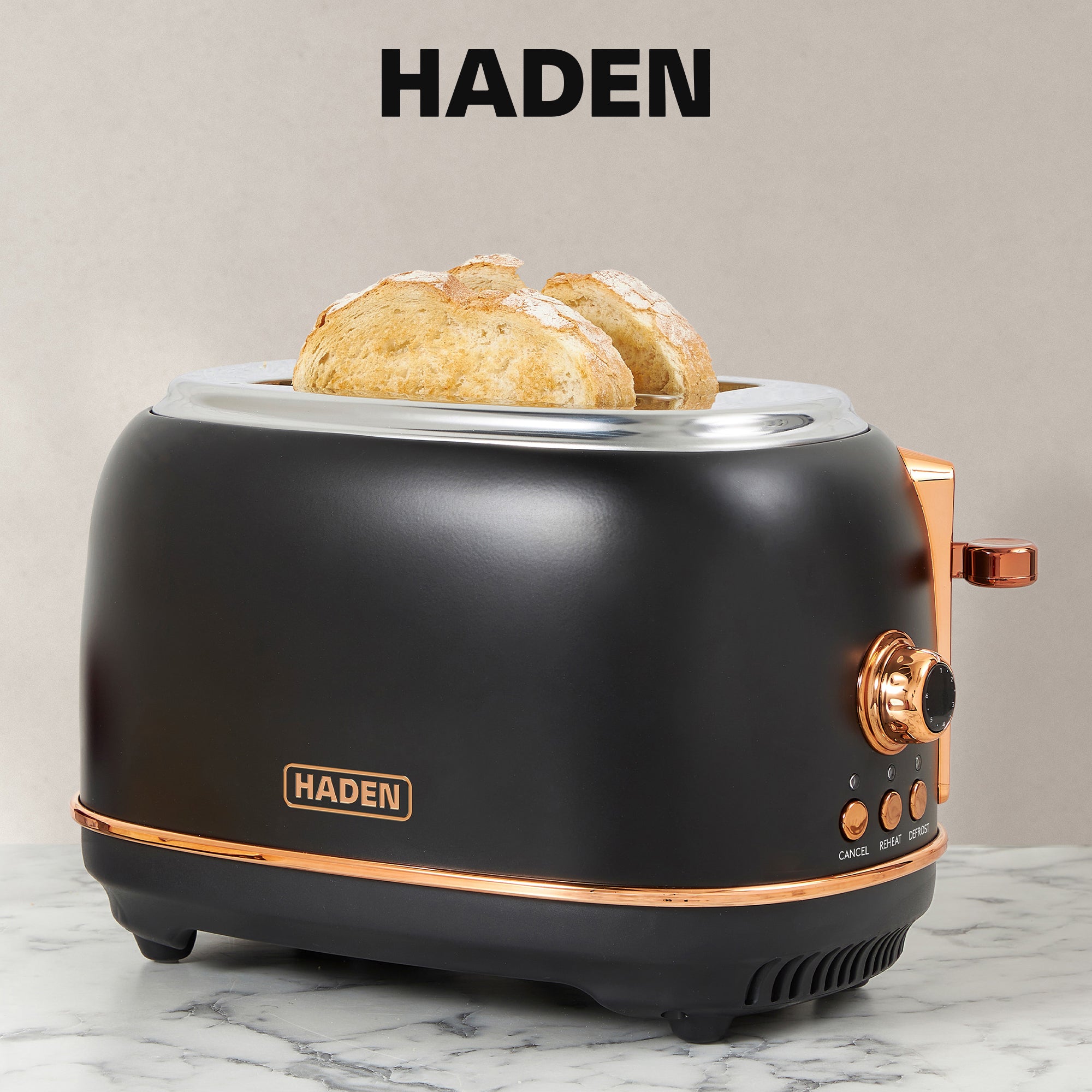 Haden Heritage Electric Water Kettle & 2 Slice Wide Slot Toaster, Black & Copper - VMInnovations