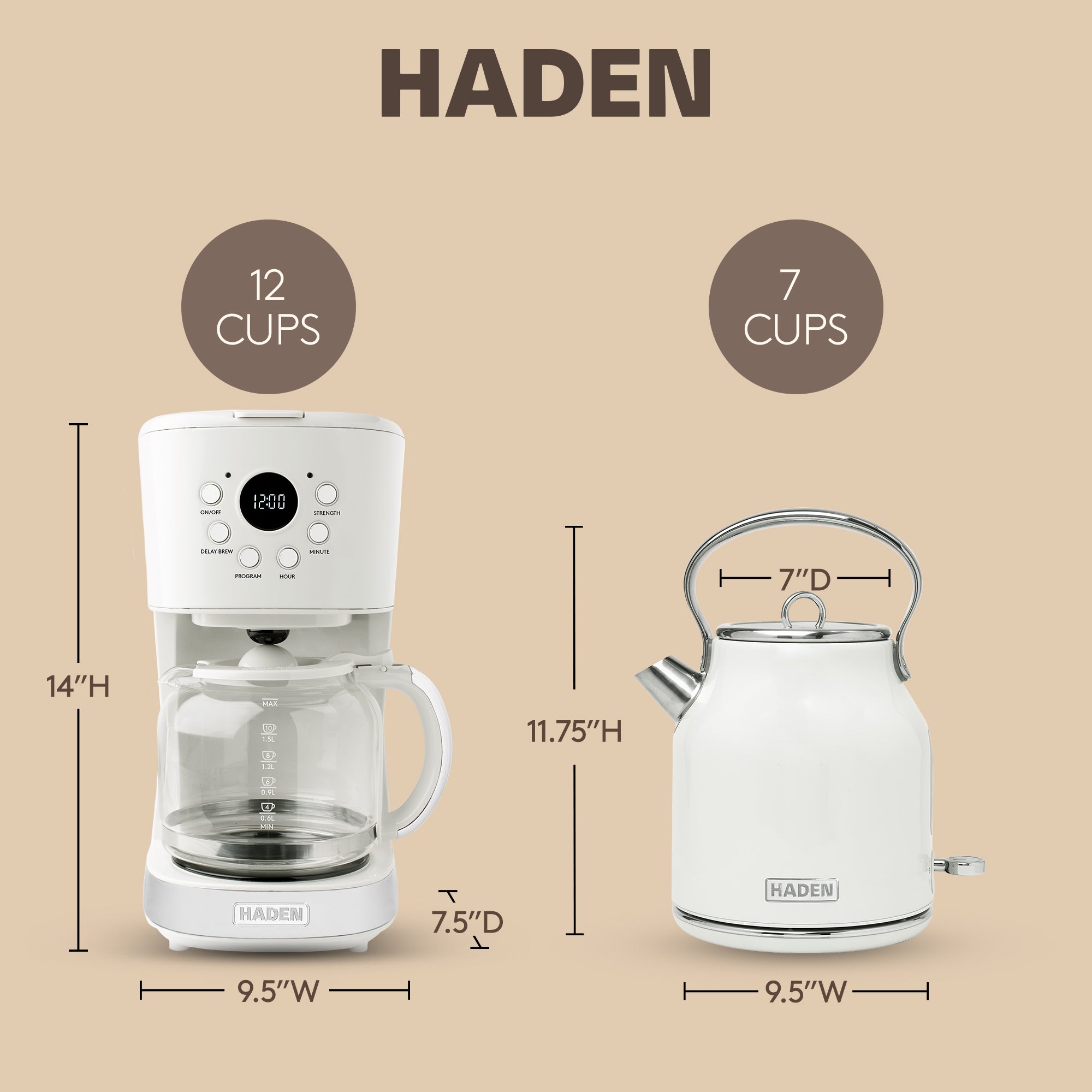 Haden 12 Cup Coffee Maker & Heritage 1.7 Liter Electric Kettle, Ivory & Chrome - VMInnovations