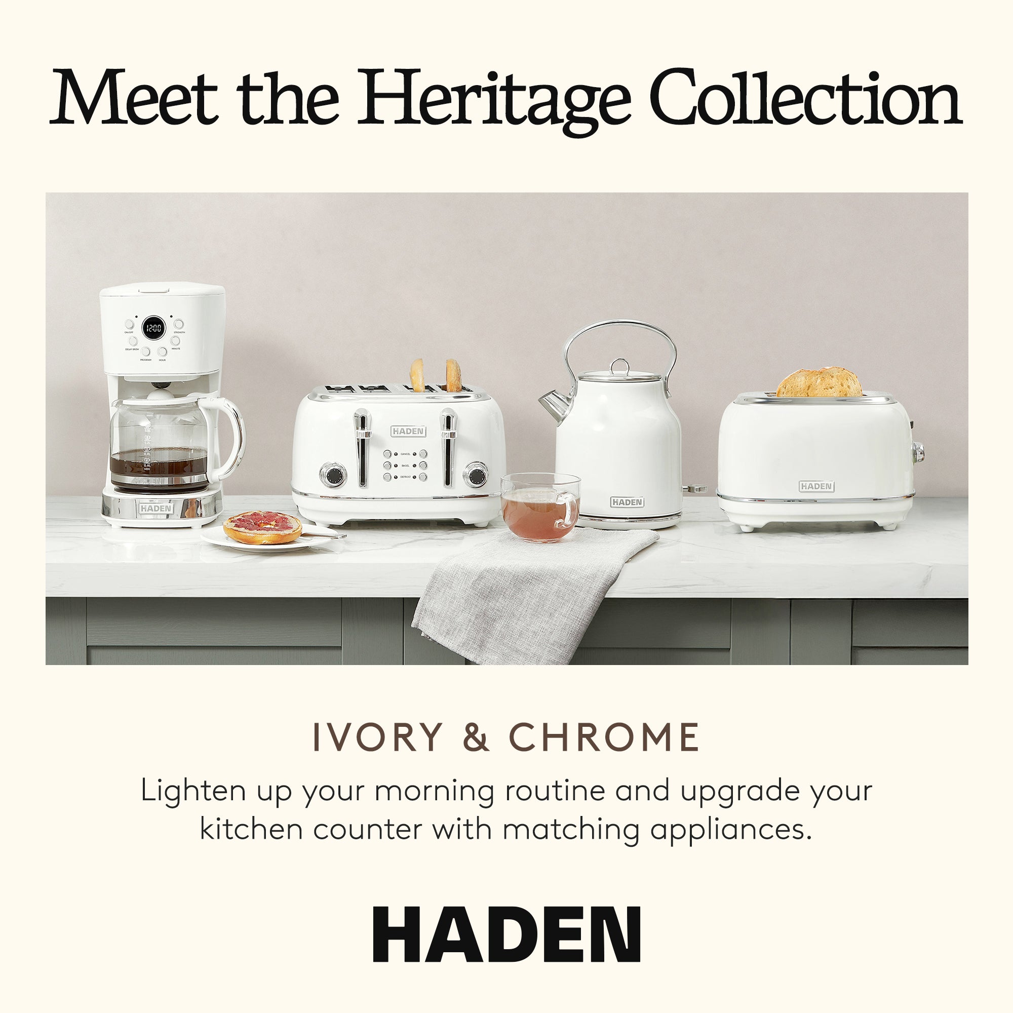 Haden 12 Cup Coffee Maker & Heritage 1.7 Liter Electric Kettle, Ivory & Chrome - VMInnovations