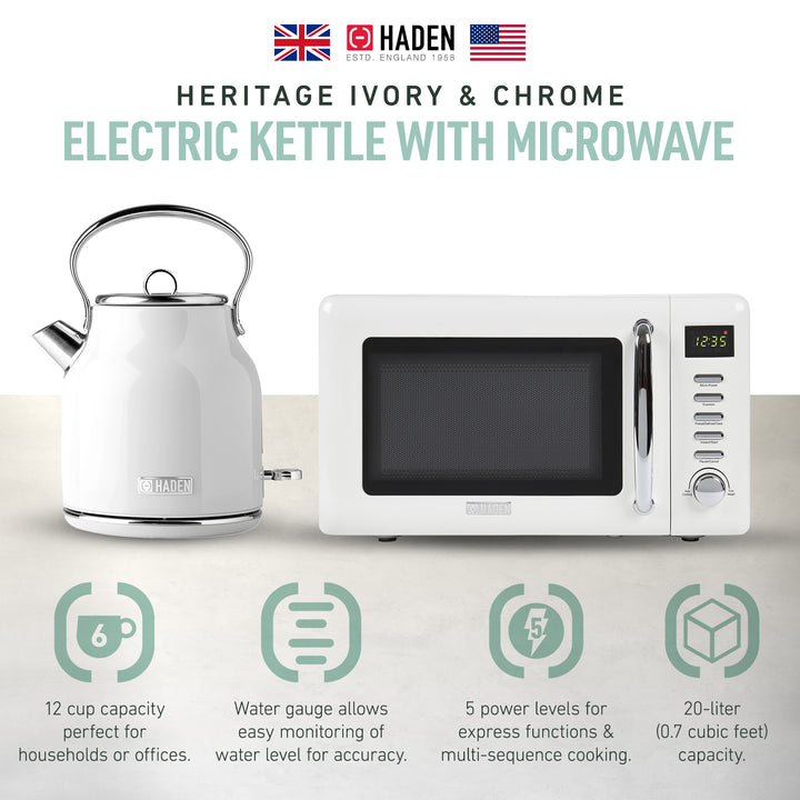 Haden Heritage Compact Microwave & 1.7L Electric Water Kettle, Ivory & Chrome - VMInnovations