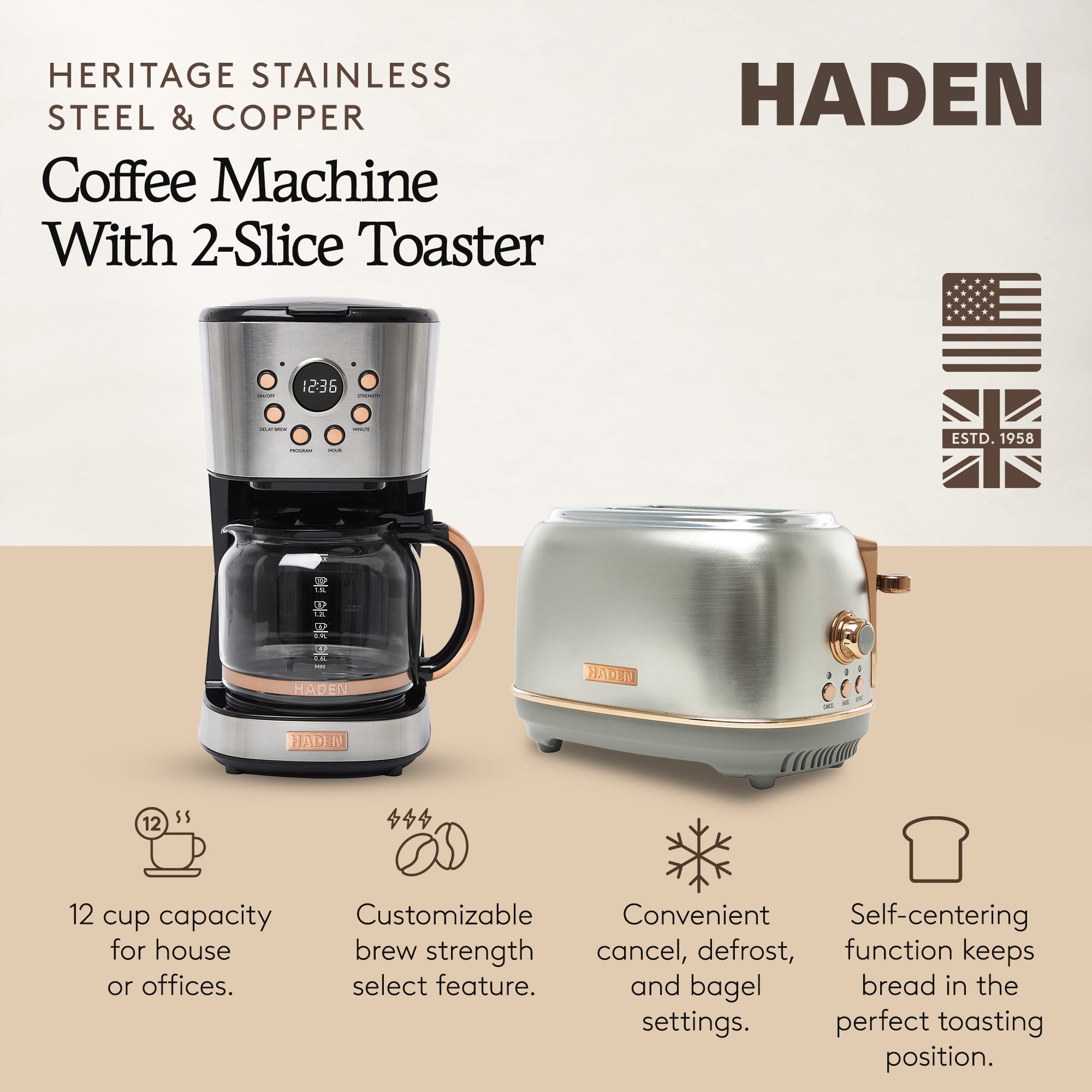 Haden Heritage 12 Cup Coffee Maker & 2 Slice Wide Slot Toaster Set, Steel/Copper - VMInnovations
