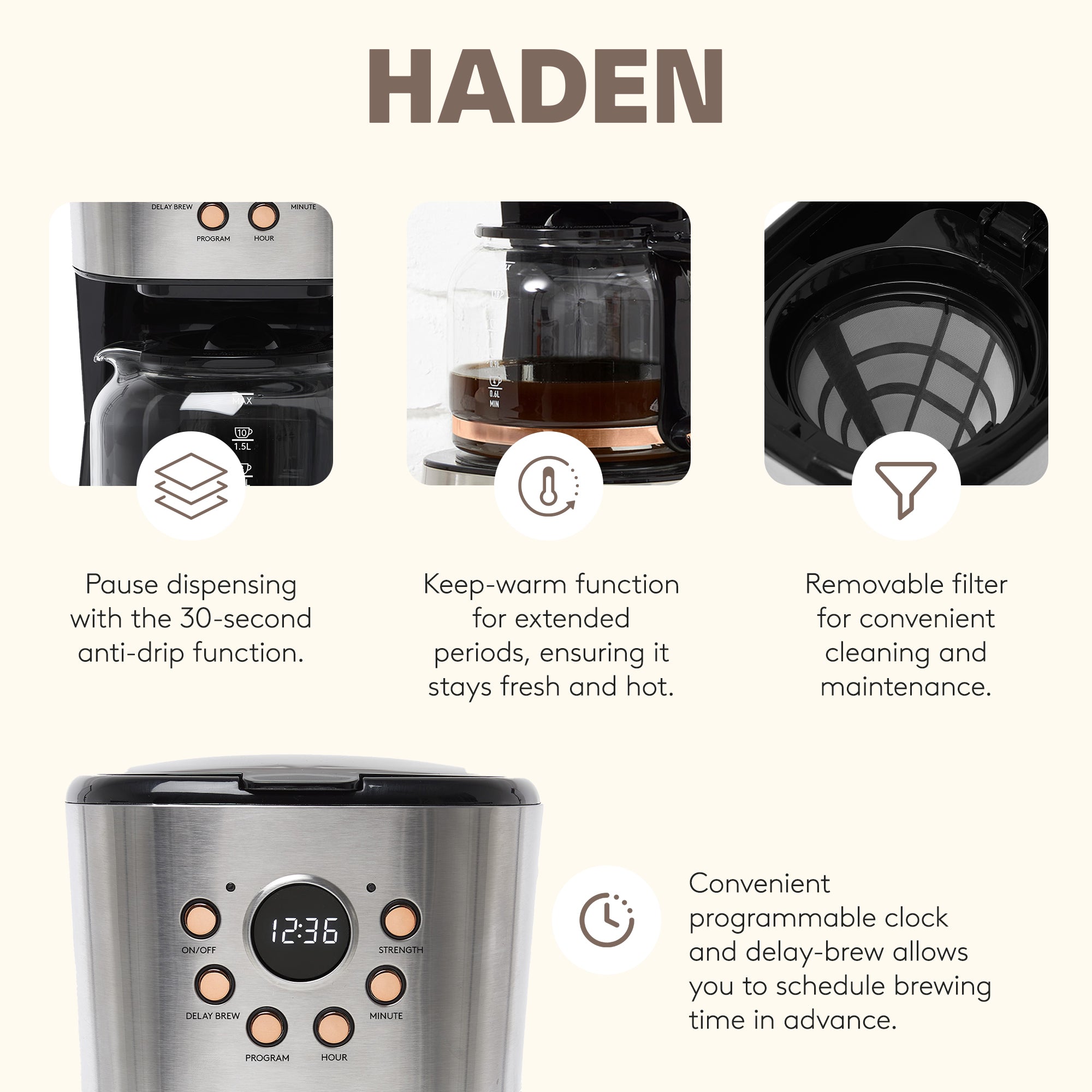 Haden Heritage 12 Cup Coffee Maker & 2 Slice Wide Slot Toaster Set, Steel/Copper