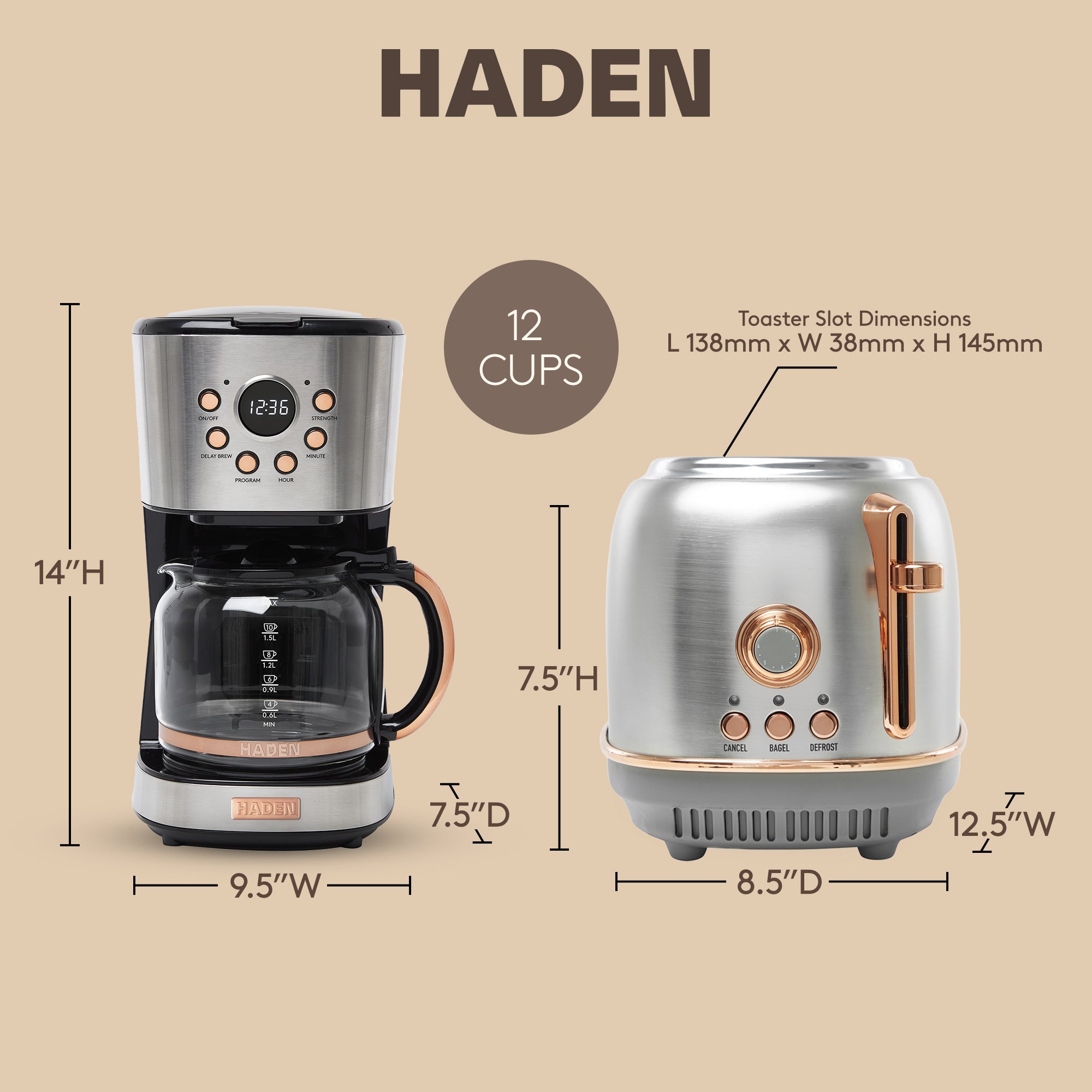 Haden Heritage 12 Cup Coffee Maker & 2 Slice Wide Slot Toaster Set, Steel/Copper - VMInnovations